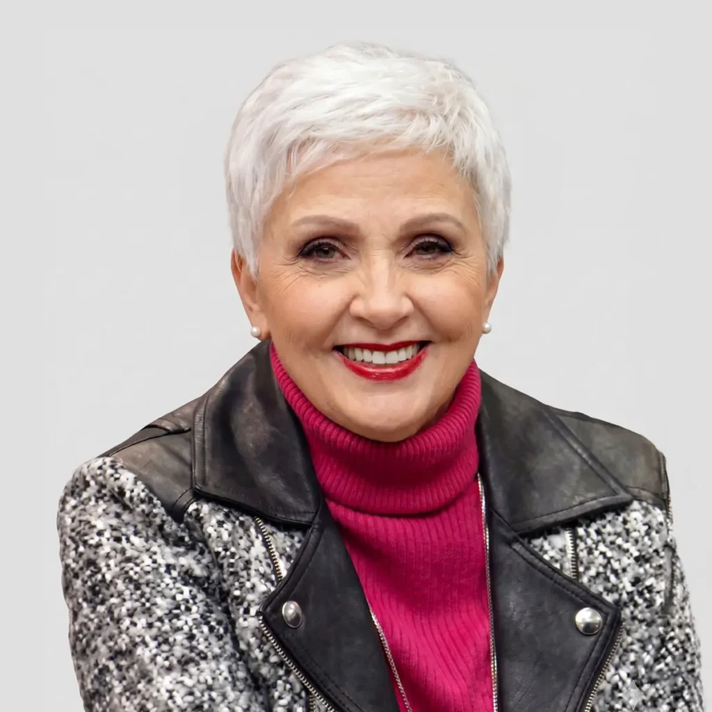 Portrait femme souriante cheveux blancs courts