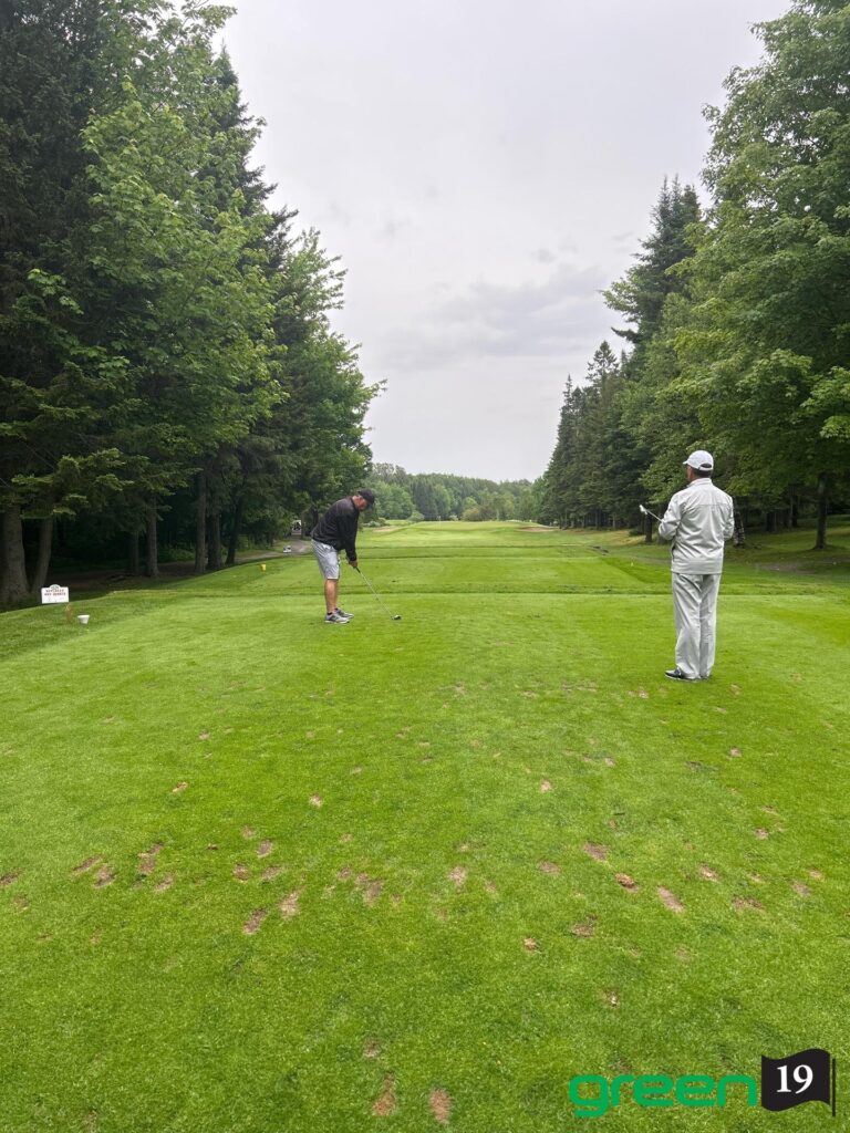 Golfeur au départ entouré d’arbres