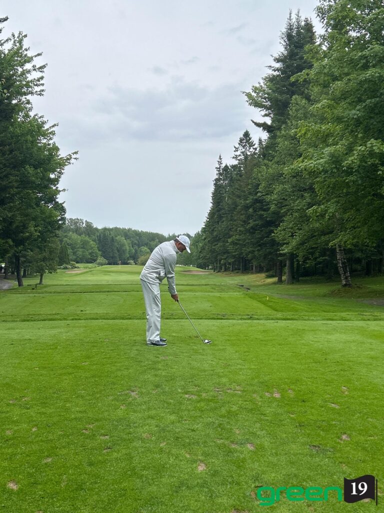 Golfeur préparant son swing sur un green boisé