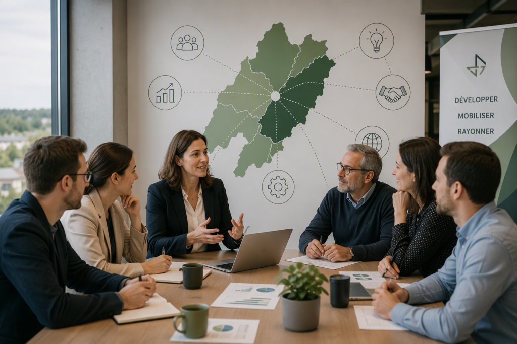 Réunion d’équipe devant carte régionale stratégique